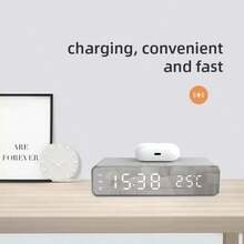 3合1快速無線充電座，搭配LED鬧鐘和溫度計 - 簡潔觸控設計，適用於家庭或辦公室