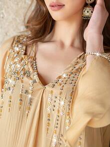 BEAUTY AMINAH Yellow Abaya Long Robe With Sparkling Diamond Decoration On Neckline, Glamorous For Gatherings & Parties, Modest - Apricot - View 11