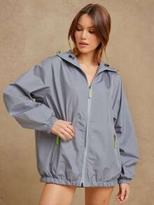 Abrigo Rompe vientos para mujer impermeable reflejante   Liso  Casual    Bolsillo  Cremallera - Gris - Ver 3
