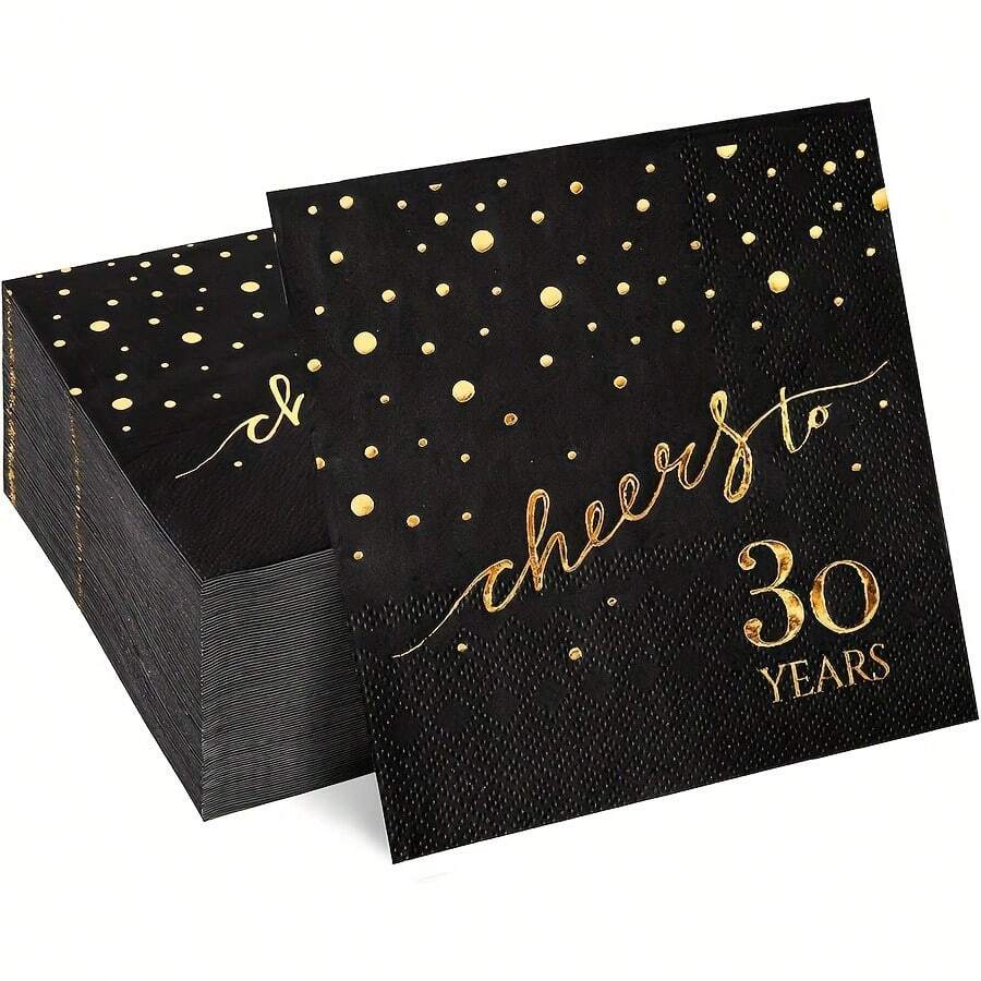 20pcs 3-Ply Birthday Party Napkins, 30th/40th/50th/60th/70th Golden Foil Text On Black Background, 5"X5" Cocktail Beverage Napkins For Birthday, Anniversary, Wedding Celebration