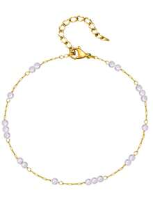 1pc Stainless Steel Pearl Anklets Bracelet For Women, 18k Gold Plated Foot Chain, Adjustable Stackable Bracelets On Leg Jewelry