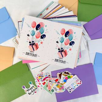 87pcs/Set, Ins Style Origami Greeting Cards 50pcs, Creative Stickers 27pcs + Envelopes 10pcs, Birthday Card Set Kid DIY Craft Supplies, Birthday Party Decor, Kindergarten Handmade Gifts, Scrapbooking & Journaling Cards School Supplies, Back To School
