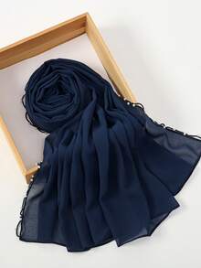 1pc Women Muslim Hijab, Solid Color Chiffon Scarf With Exquisite Pearl Chain Trim, Suitable For All Seasons Daily Wear - Dark Blue - View 6