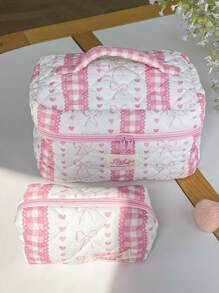 1 Piece Plaid Lace Quilted Pink Zipper Bag Sweet Style Large Capacity Bow&Love Portable Zipper Makeup Bags Fashionable Portable Makeup Bag, Multi-Functional Storage Bag For Lipstick, Sanitary Napkin, Coins, Keys Etc Women Skincare Organizer Bag Print Flower Makeup Organizer Storage Bag Graduation
