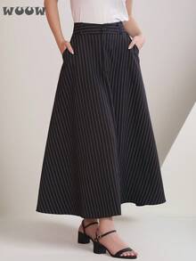 WUUW Long Skirt Tailored With Fashion Elegance, Comfortable Long Women's Skirt Design With Buttons And Woven Stripes, Long A-Line Striped Cut Dress - màu đen - Xem 4