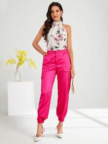 Pantalón Dama Satín Satinado Brilloso Cargo Stretch Pretina Botón Zipper Bolsas Jogger Elástico Cómodo Suave Moda Fashion Calor Primavera Festival Calle Casa - ROSA - Ver 1