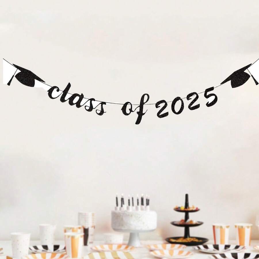 2025年毕业横幅,黑色2025年毕业帽庆祝装饰,适用于学校、家庭、汽车毕业派对用品 - 黑色 - 查看 1