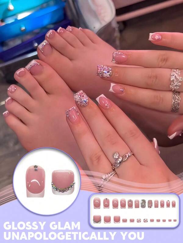 48 piezas Conjunto de uñas postizas cuadradas francesas con 2 en 1 de cristal de imitación para manos y pies, y uñas de presión dulce para mujeres y niñas como suministros de uñas