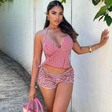 2pcs Set Women Sexy Halter Bandage Top And Elastic Waist Plaid Shorts