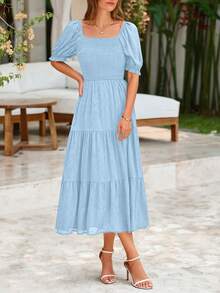 Women's Summer Casual Mid-Length Dress Square Collar Puffed Sleeve Ruffles A-Line Flower Elegant Bohemian Style Dress - 淺藍色 - 查看 5
