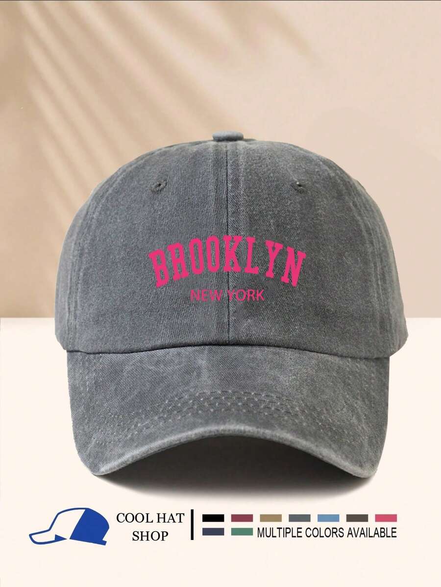 1pc Retro Pink Letter "Brooklyn" Printed Washed Baseball Cap, Vintage Hippie Hip Hop Curved Brim Sun Hat, Adjustable Unisex Snapback - Washed Cap - View 1