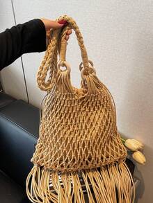 Newly Straw Woven Crossbody Bag For Women, Small Niche Shoulder Bag For Beach, Fashion Envelope Bag, Versatile Ins Coastal Vacation Beach Bag - Khaki - View 10