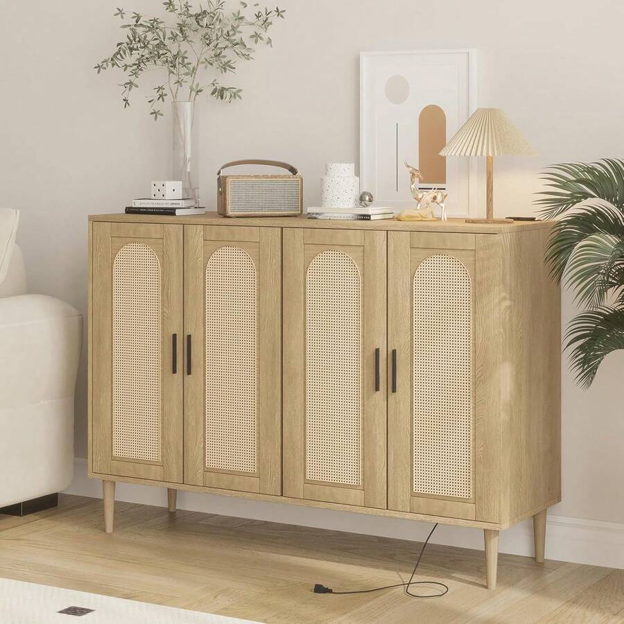 Modern White Rattan Sideboard, 4-Door Buffet Cabinet With Power Outlet & Adjustable Shelves, Versatile Storage Solution For Dining Room, Kitchen, Or Hallway - 黃色 - 查看 1