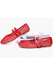 ADAMUMU 女士网眼镂空芭蕾平底鞋，轻质网眼，两个优雅扣，贴心穿孔设计，舒适透气时尚