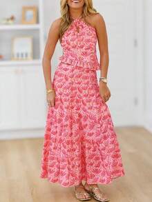 Womens 2 Piece Maxi Skirt Set Y2k Lace Up Halter Neck Tops And Flowy Long Skirt Summer Backless Beach Outfits - 粉色 - 查看 2