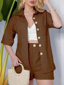 Linen Set / Shirt And Shorts / With Elastic Waistband - Chocolate Brown - View 2