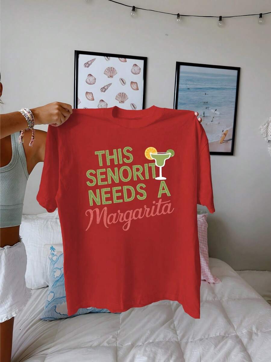 This Senorita Needs Of Margarita Pure Cotton Women's Fashion T-Shirt - 紅色 - 查看 1