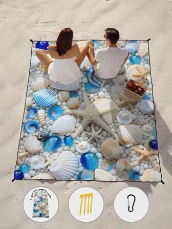 1pc 180*220CM Starfish & Shell Printed Waterproof & Sandproof Beach Blanket, Lightweight , Suitable For Beach Leisure Vacation Travel Outdoor Camping Picnic MatSummer Travel,Vacation Holiday Bathroom Decor Beach Essentials
