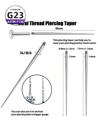 医用钢 14/16/18G 插入锥度，易于穿线，无螺纹穿孔耳环，珠宝佩戴简易工具