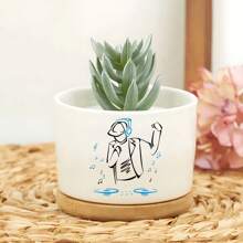1pc DJ Ceramic Planter With Bamboo Tray (3.6"X2.6"), Succulent Planter, DJ Theme: Vinyl Record Turning, Musical Notes Flying, Headphones Playing Music, Planter Gift, Yard Decor, Desktop Decor