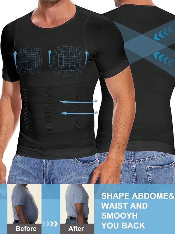 Men Slimming Body Chest Ultra Lift Shaper Compression Undershirt Belly Tank Tops Short Sleeves Muscle Shirts Underwear Training Sports Gym Workout Fitness