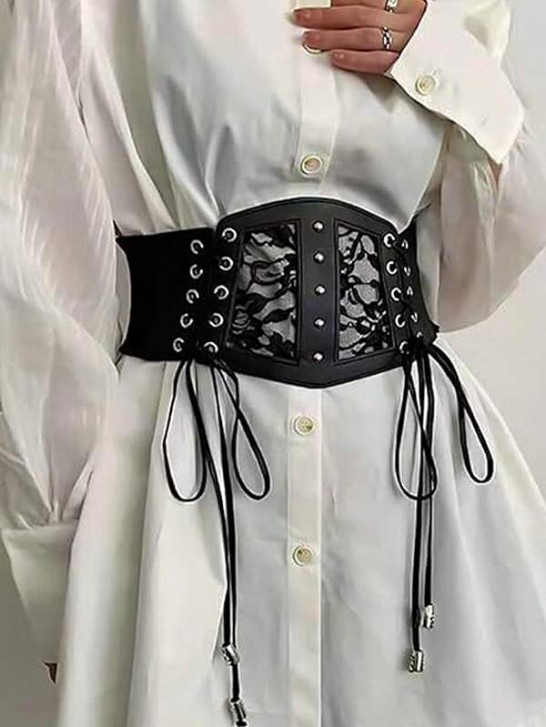 1pc Women's Plus Size Black Elegant Lace Elastic Waist Ruffle Trim Waist Corset Women Corset Belt For Dress,Waist Trainer Waist-Shaping For Waist Slimming And Tummy Control