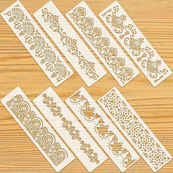 8 pezzi di modelli di cornice raffinati, modelli di fiori, modelli per decorare torte, modelli riutilizzabili per fai da te, arte e artigianato, bordi decorativi, strumenti da forno per dipingere su legno, tela, carta e tessuto, articoli per il ritorno a scuola, forniture scolastiche