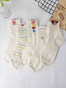 5 Pairs Random Cat Stripe Women Crew Socks - Multicolor - View 4