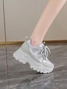 Zapatillas deportivas de malla transpirable con tacón de 8 cm de altura de plataforma voluminosa, con tacón interno oculto, de estilo casual para mujer, nuevas para 2025 - Gris - Ver 4