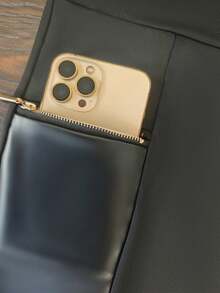 Quần legging da PU màu đen dáng rộng dành cho nữ, kiểu dáng thanh lịch, gợi cảm, có đường may tinh tế, kèm túi khóa kéo, thích hợp mặc hàng ngày trong bốn mùa, đi nghỉ mát, công sở, mùa thu, quần nữ mùa xuân. - màu đen - Xem 3