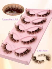 DIY Brown Color Cat Eye Eyelashes 5 Pairs Clear Band Fox Eye Lashes Brown False Eyelashes Faux Mink Lashes Cross Fluffy Strip False Lashes Reusable Natural Look Eyelashes Lash Extension Makeup Individual Eyelashes