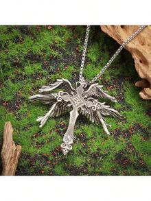 1pc Men's Angel Wing & Sword Punk Gothic Cross Wing Necklace - Silver - View 3