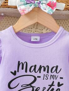 Bộ 2 món áo thun cổ tròn tay lỡ in chữ màu tím cho bé gái mùa hè và quần short nơ hoa nhỏ màu tím - Màu tím - Xem 4