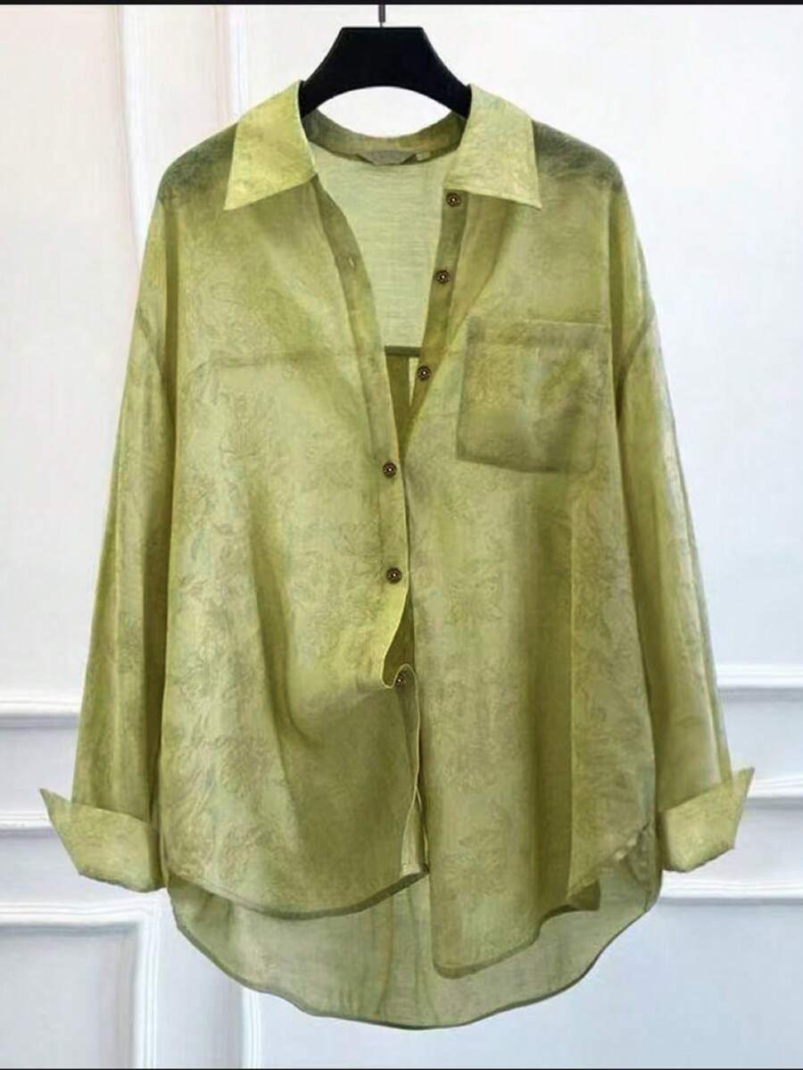Printed Lapel Single-Breasted Loose Long Sleeve Women Blouse - Green - View 1
