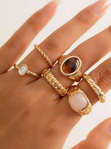 6pcs/Set Retro Baroque Style Colorful Faux Gem Rings, Suitable For Daily Wear, Gatherings, Parties, Holidays, Gift