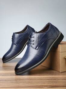 1 Pair Men's British Style Comfortable Casual Pointed Toe Lace-Up Breathable Leather Shoes, New Fashion Versatile Soft Bottom Dress Shoes, Black, Blue, Brown Colors