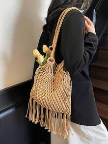 Newly Straw Woven Crossbody Bag For Women, Small Niche Shoulder Bag For Beach, Fashion Envelope Bag, Versatile Ins Coastal Vacation Beach Bag - Khaki - View 8