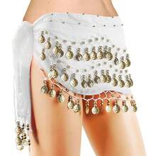 قطعة واحدة سلسلة خصر لرقصة البطن، حزام معدني شبكي لسترة البدلة ،شالة خصر ذهبية العملة لرقص البوهيمي - أبيض - مشاهدة 3