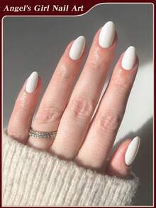 24 unhas postiças curtas ovais nude brilhantes com macaron candy branco, ajuste perfeito para unhas acrílicas falsas, adequadas para mulheres e raparigas, para uso diário DIY, trabalho, estudo e festas - Branco - Ver 2