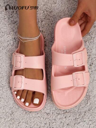 luofu New Women Fashion Flat Sandals Outdoor Casual Beach Slippers, EVA Comfortable Double Buckle Slides, Thick Sole Round Toe Double Strap Waterproof Non-Slip Slippers