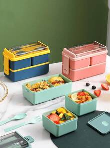 1 pezzo Scatola bento in plastica a doppio strato verde (con cucchiaio e forchetta) con scomparti multipli, adatta per microonde, regalo di Natale per studenti, lavoratori d'ufficio, mamme e papà, scatola termica portatile per il pranzo