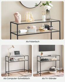 VASAGLE Konsolentisch, Eingangstisch, Sofaspitze, Tischplatte aus Hartglas, Metallrahmen, 2 Ebenen, verstellbare Füße, für Wohnzimmer, Eingang, Flur, Schwarz - Schwarz - Übersicht 6
