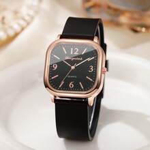 1 件女士硅胶表带时尚休闲方形表盘数字标记石英腕表，别致风格（不含表盒） - 黑色 - 查看 3