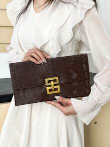 1pc Minimalist Solid Color Elegant Flip Cover Fashion Clutch Bag - Brown - View 3