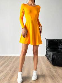Vestido Manga Larga Corto Casual Sencillo Suave Poliester Mujer Joven Juvenil Primavera Verano Diario Oficina Casa Jardin Viaje Fresca Suave Sexy - Amarillo Mostaza - Ver 3