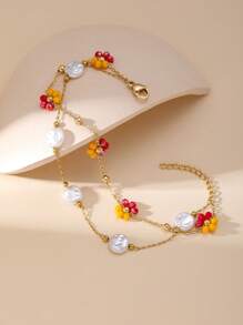 1 Peça Pulseira de Camadas Minimalista e Elegante de Contas de Flor Entrelaçadas em Aço Inoxidável para Mulheres, Adequada para Encontros, Festas e Uso no Escritório