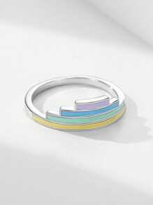 1pc 925 Sterling Silver Unique Fashion Rainbow Color Enamel Geometric Finger Ring For Women Pride Month Fine Jewelry Gift