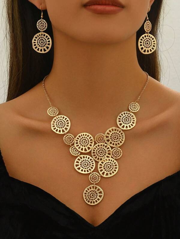 3pcs/Set Women's Stylish And Elegant Middle Eastern Pattern Hollow Geometric Design Round Earrings + Round Hollow Geometric Necklace, Casual And Chic, Suitable For Daily Wear And Gatherings