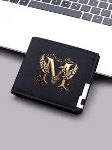 1pc Ultra-Thin Canvas Wallet With Gold Letter And Angel Wing Design - Black Zipper Coin Purse, Fashionable Daily Card And Small Change Holder - Black - View 17