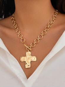 1pc Fashionable Simple Hammer Texture Cross Pendant Handmade Round Chain Necklace - Gold - View 1
